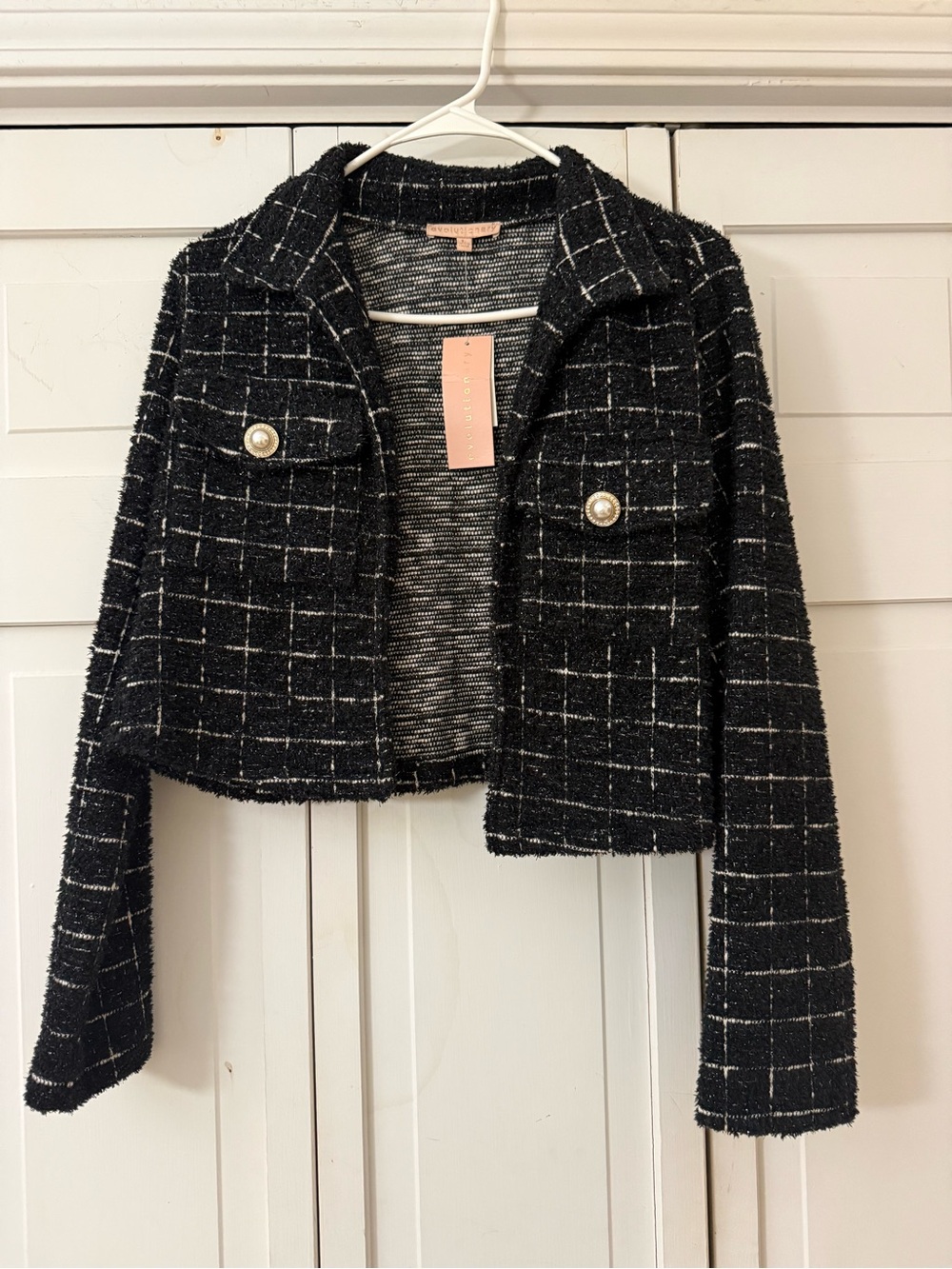 Black Windowpane Tweed Cropped Jacket with Pearl Buttons